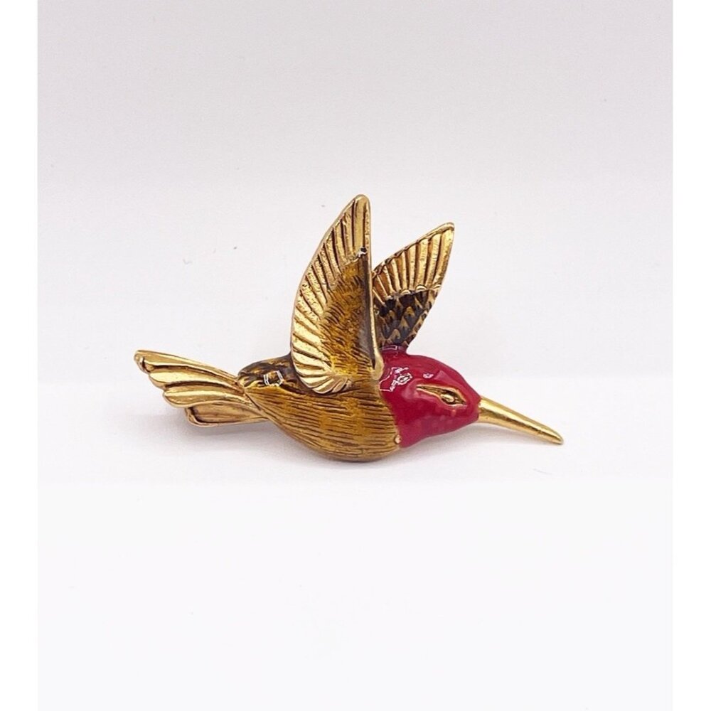 Vintage Multianna Gold Tone Red Enamel Anna's Hummingbird Brooch Retro Pin